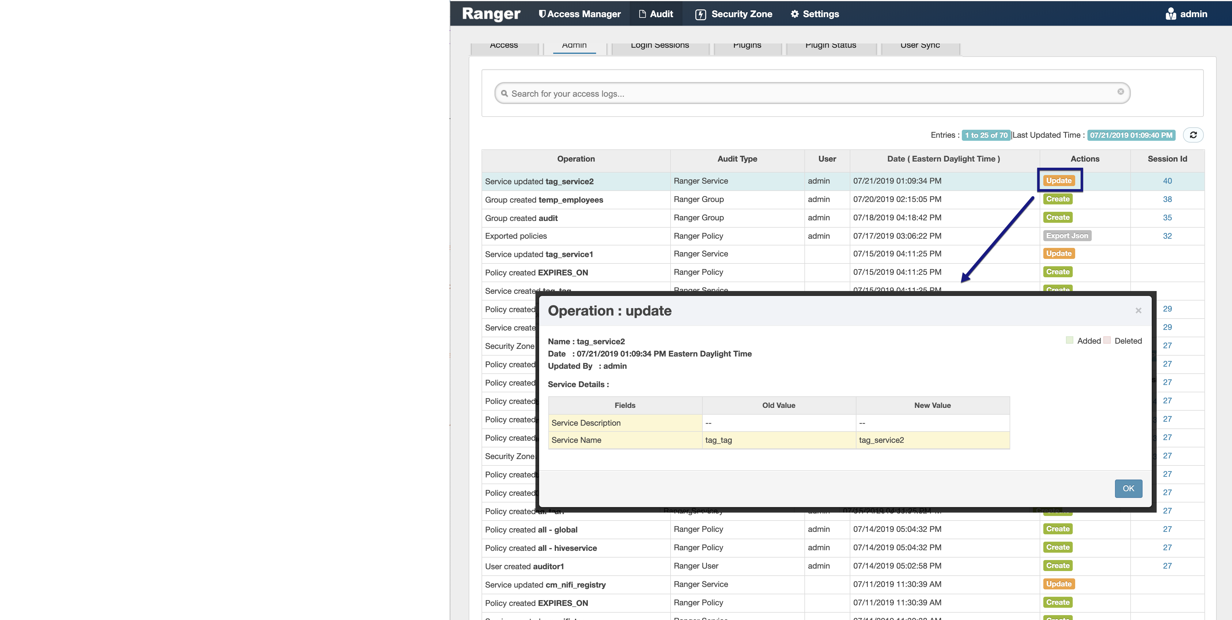 Audit >Admin: update example