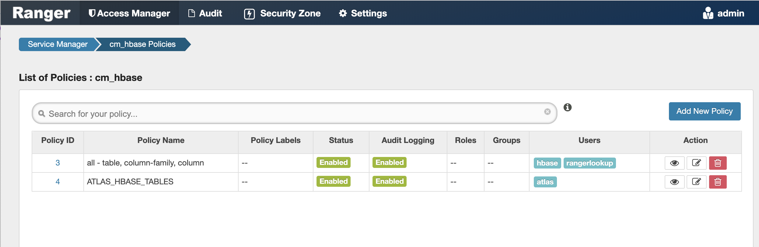 Ranger > Service Manager > List of Policies > Policy number, Add new policy, delete policy, and edit policy icons labelled.