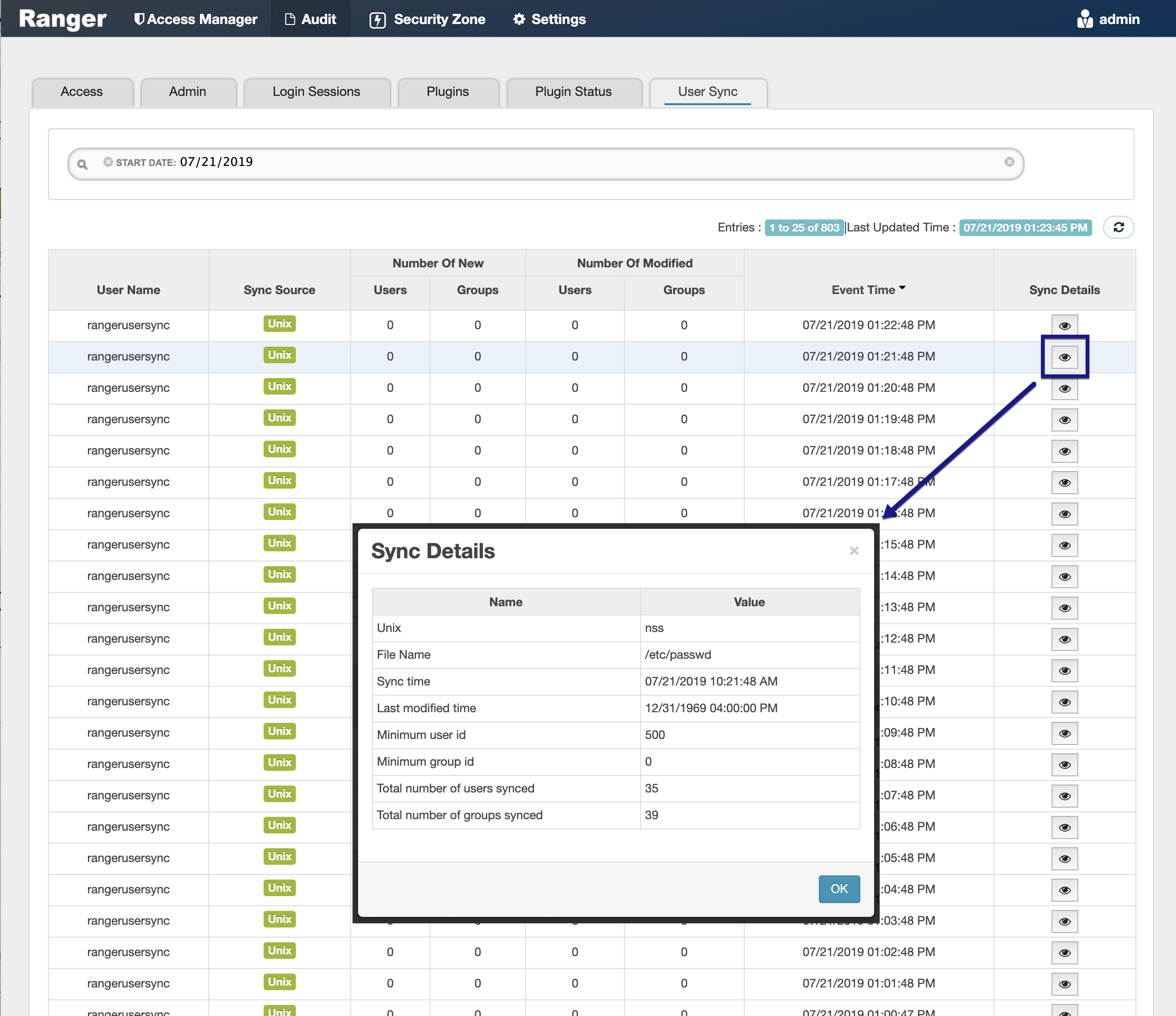 Audit >User Sync: sync details example