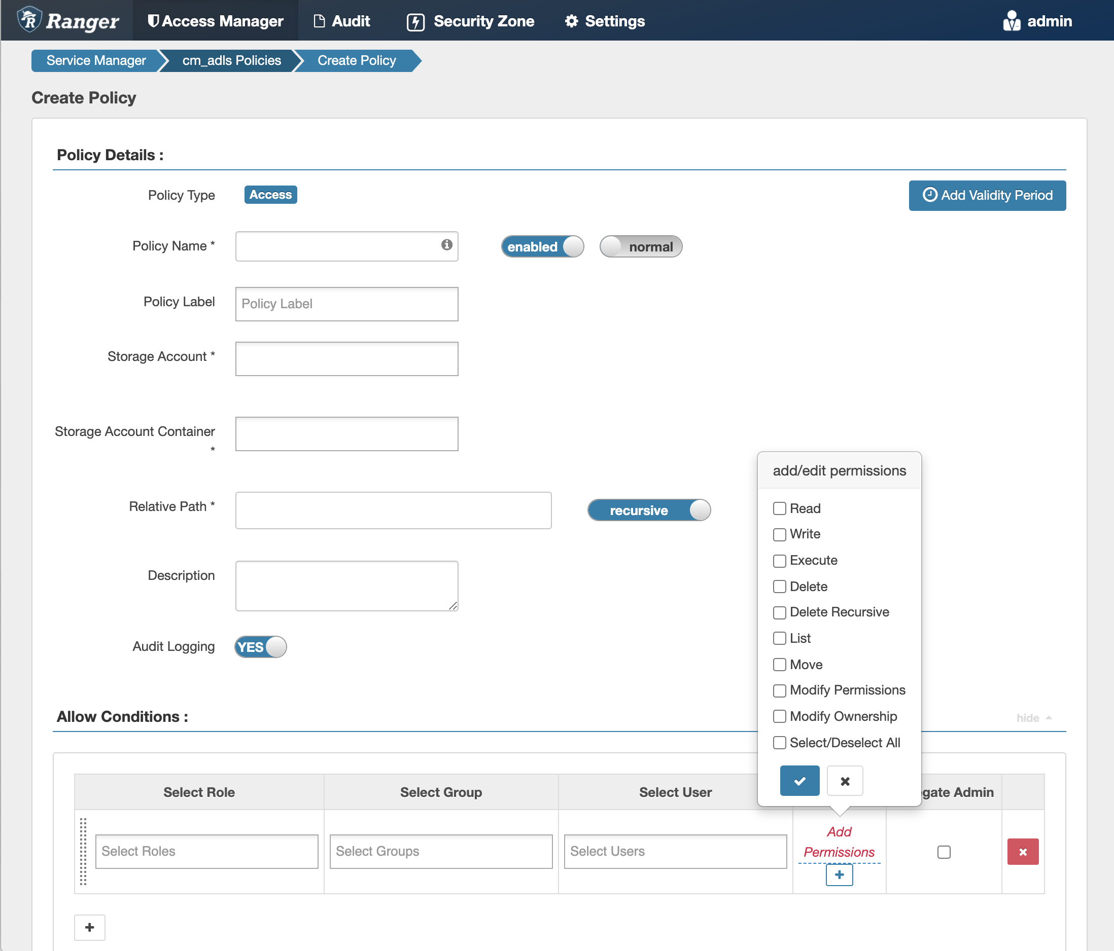 Ranger > Create HDFS Policy page.