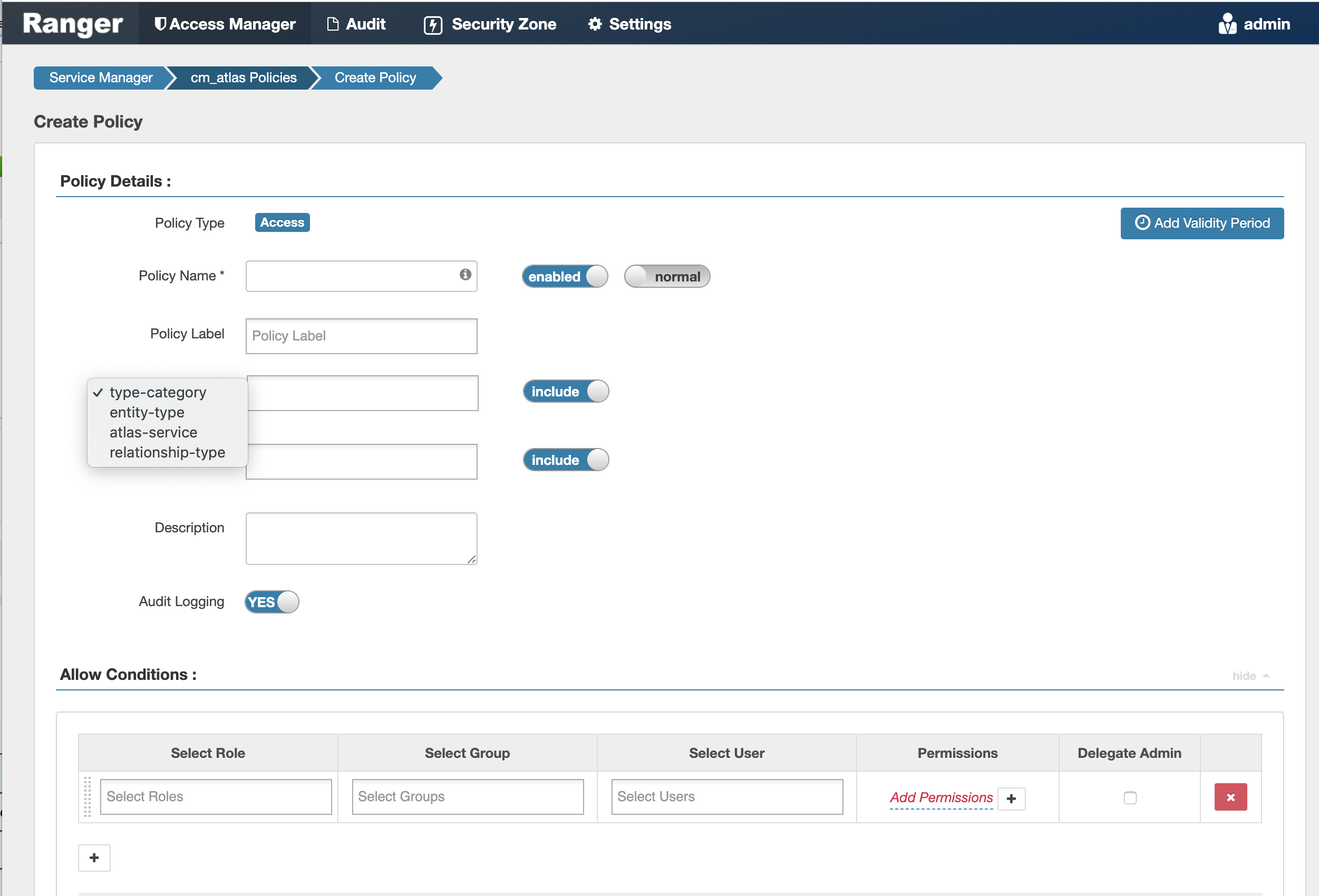 Ranger > Create Atlas Policy page.