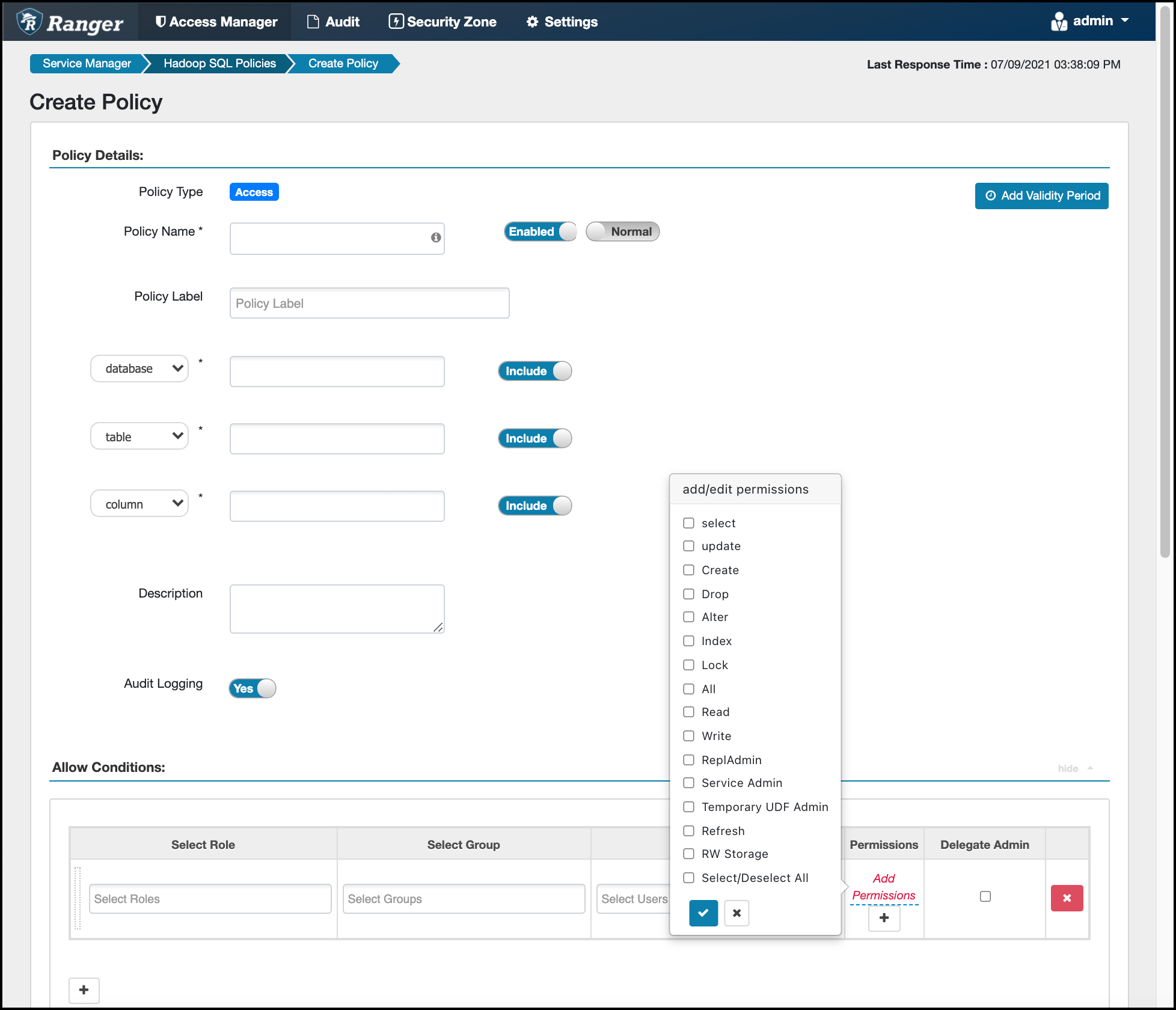 Ranger > Create HadoopSQL Policy page.