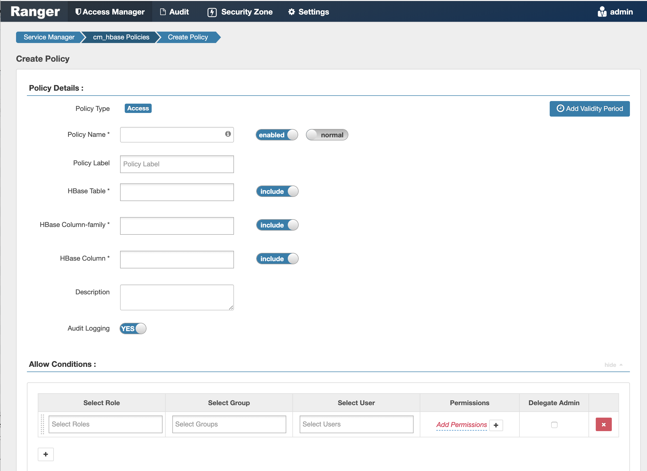 Ranger > Create HBase Policy page.