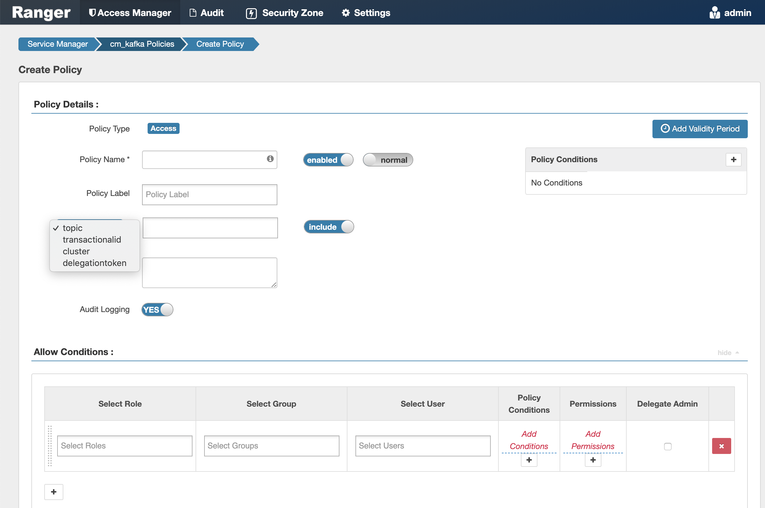 Ranger > Create Kafka Policy page.