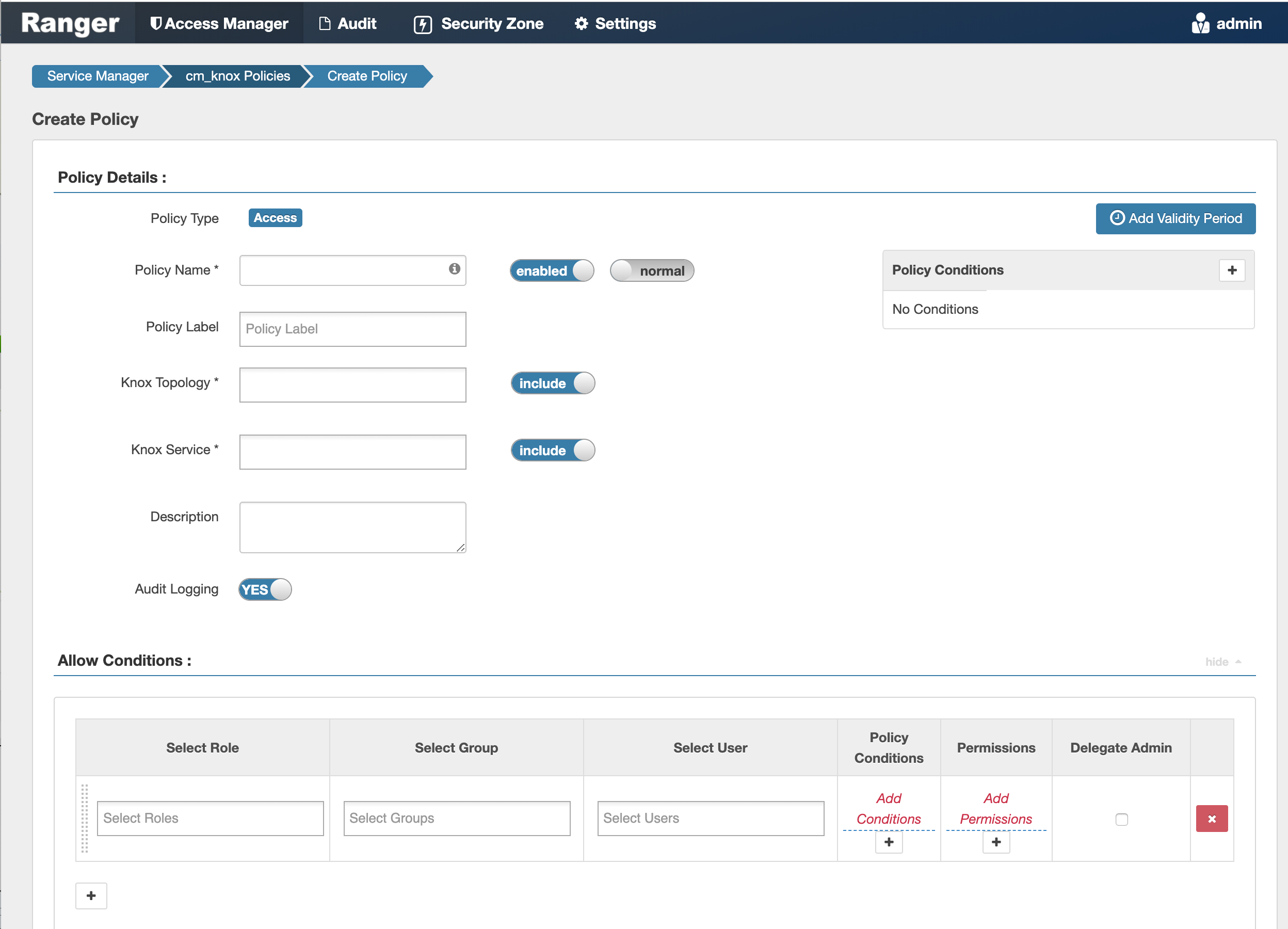 Ranger > Create Knox Policy page.