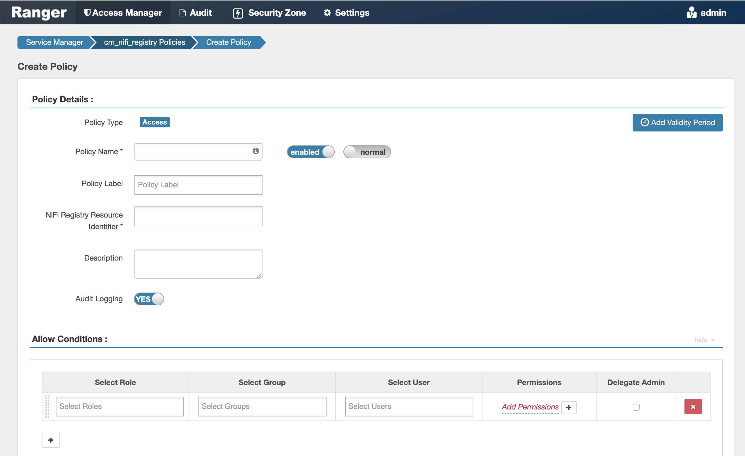 Ranger > Create NiFi Registry Policy page.