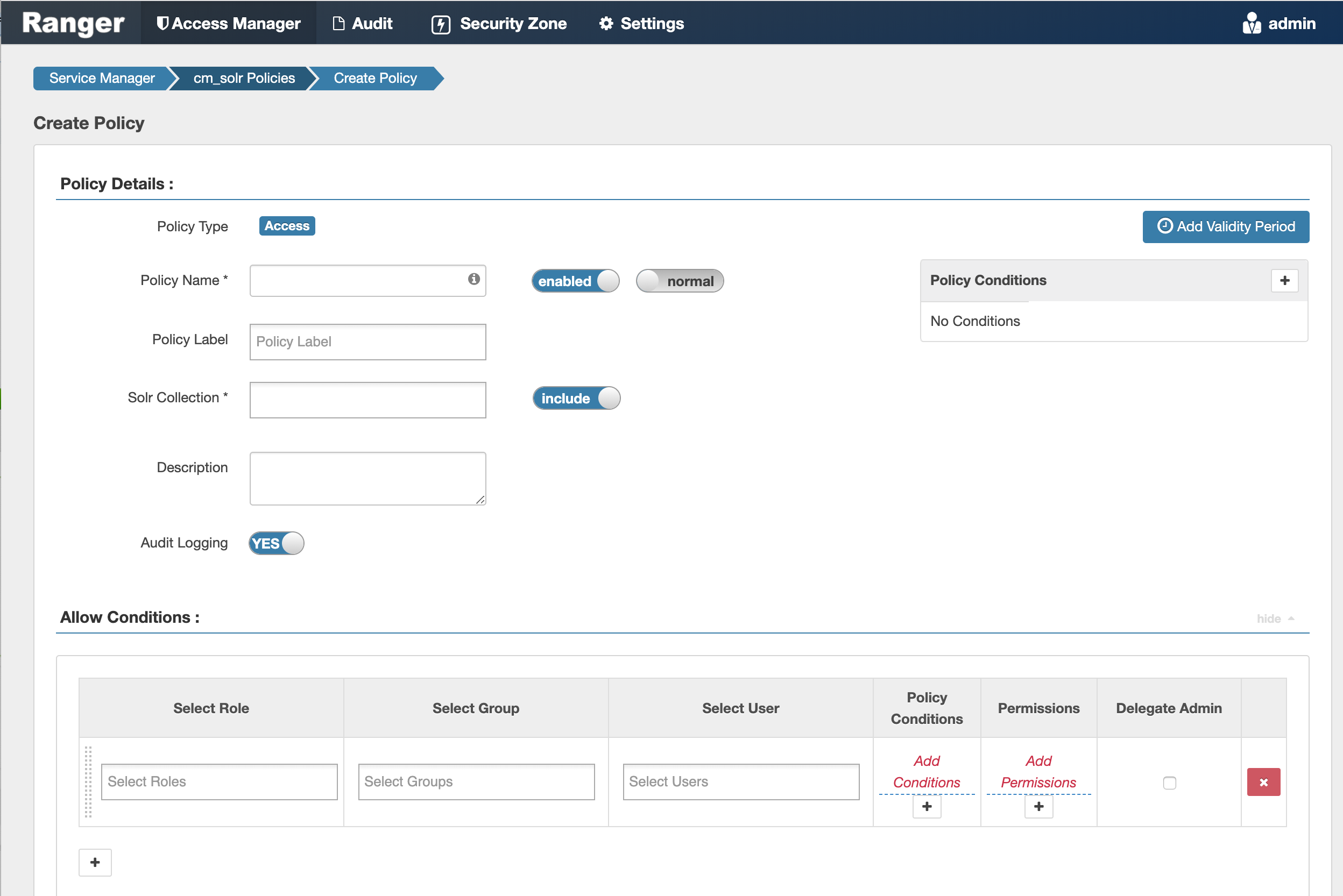 Ranger > Create Solr Policy page.