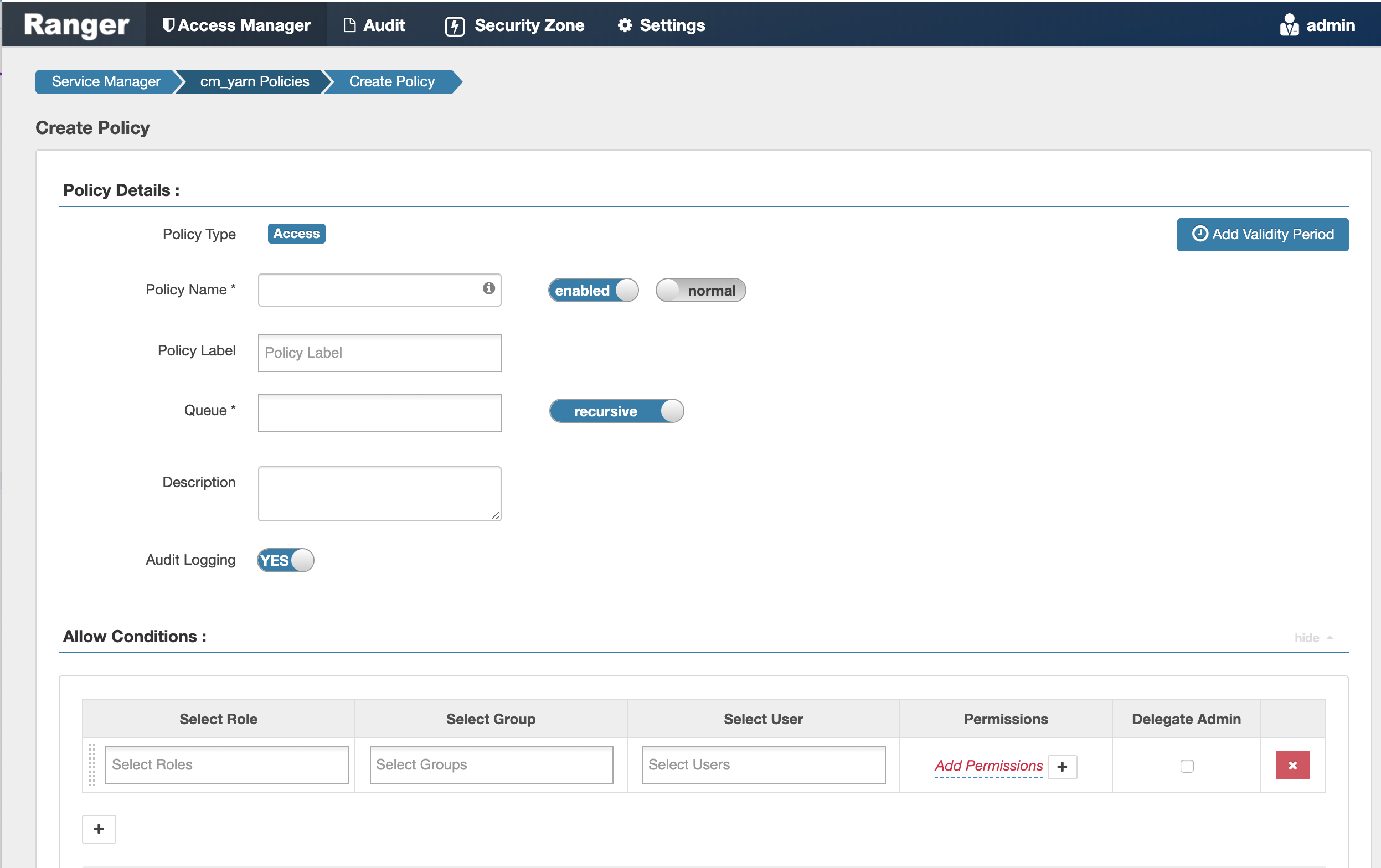 Ranger > Create YARN Policy page.
