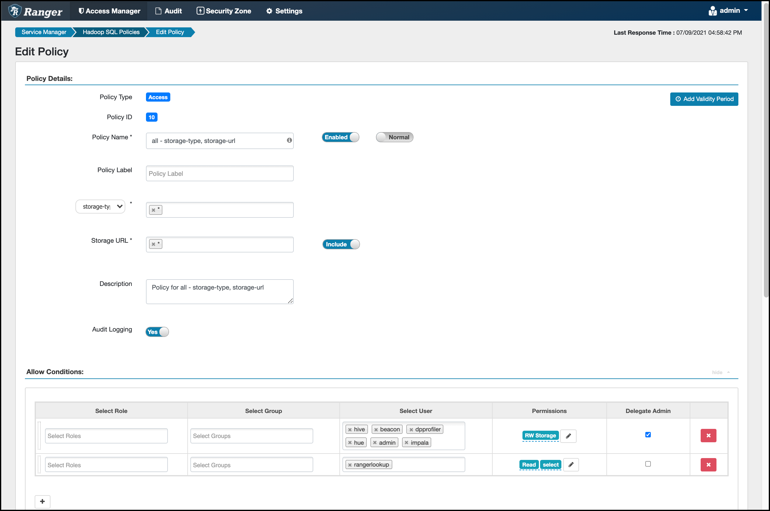 Ranger > Edit HadoopSQL Policy page.