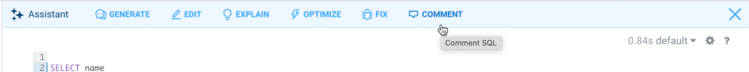 Screenshot showing how to use the SQL AI Assistant in Hue to generate a comment for a SQL query.
