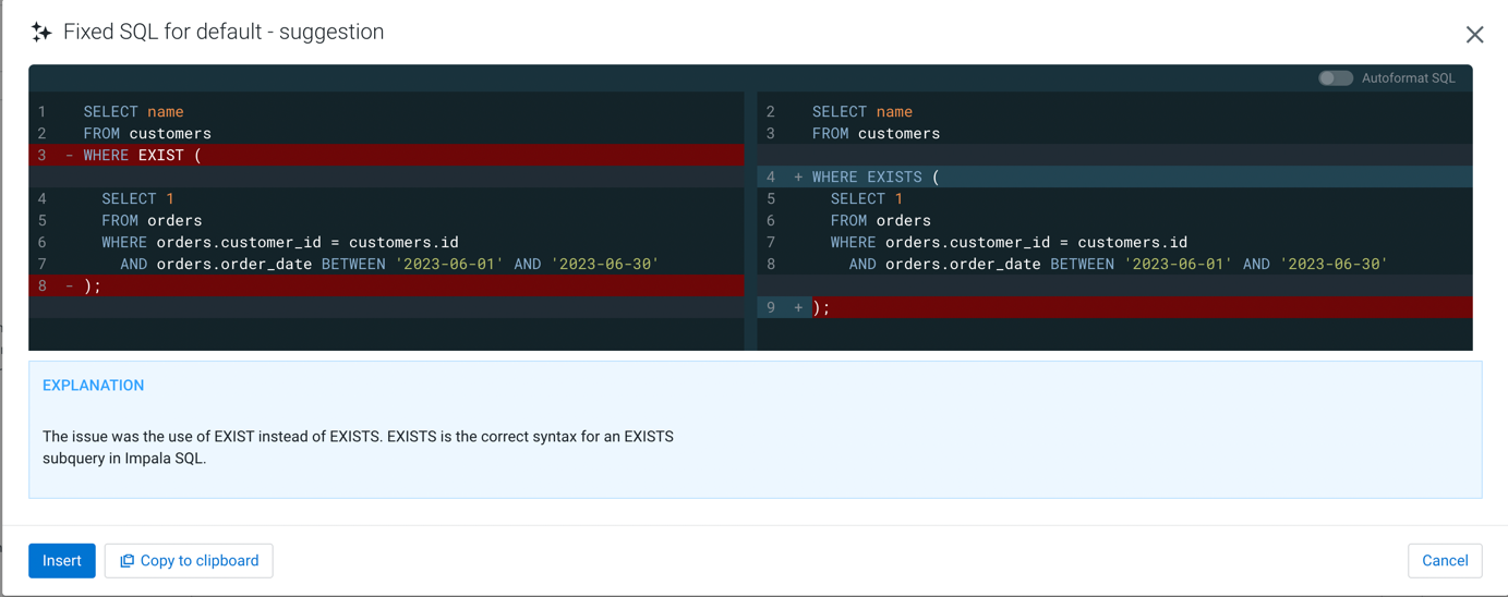 Screenshot showing the original and the fixed SQL query generated using SQL AI Assistant in Hue along with an explanation.