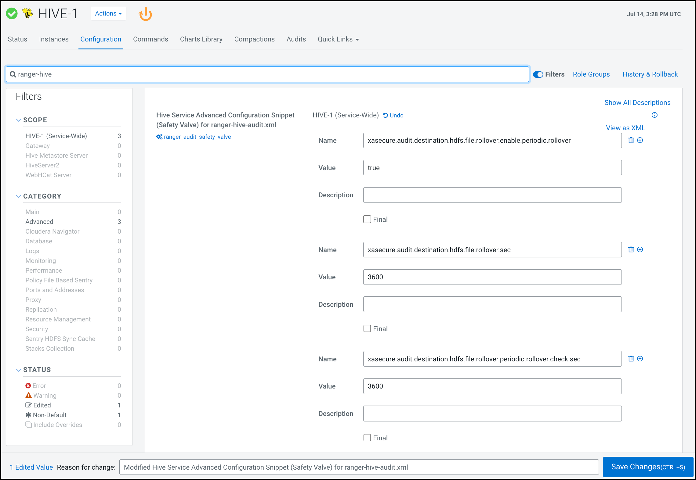 Example: Hive service configured to trigger rollover of hdfs audit files