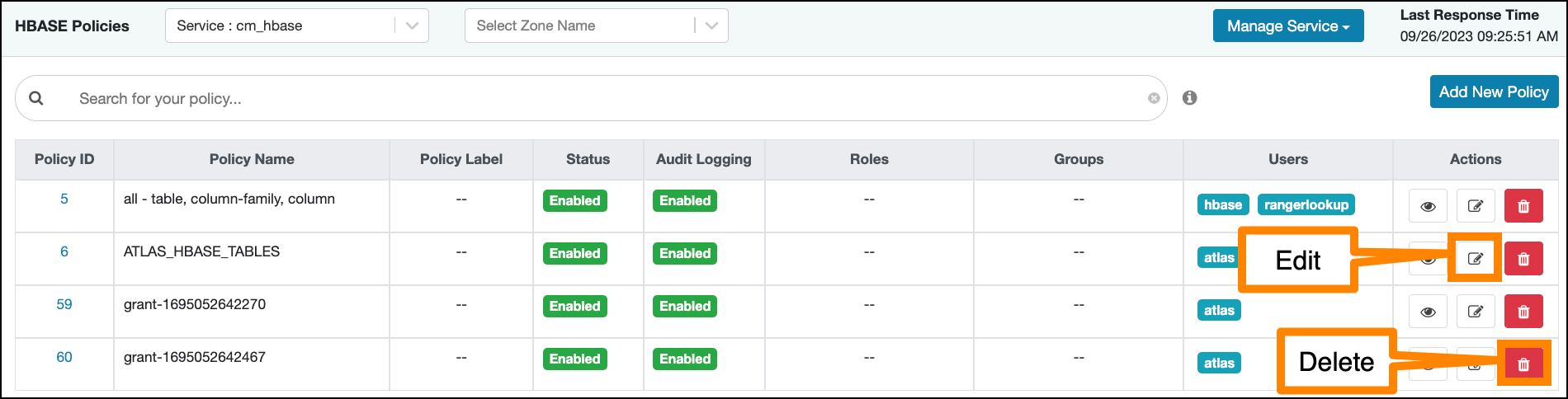 Ranger > Service Manager > List of Policies > Policy number, Add new policy, delete policy, and edit policy icons labelled.