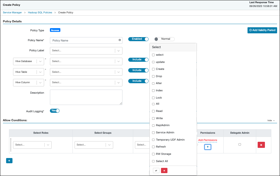 Ranger > Create HadoopSQL Policy page.