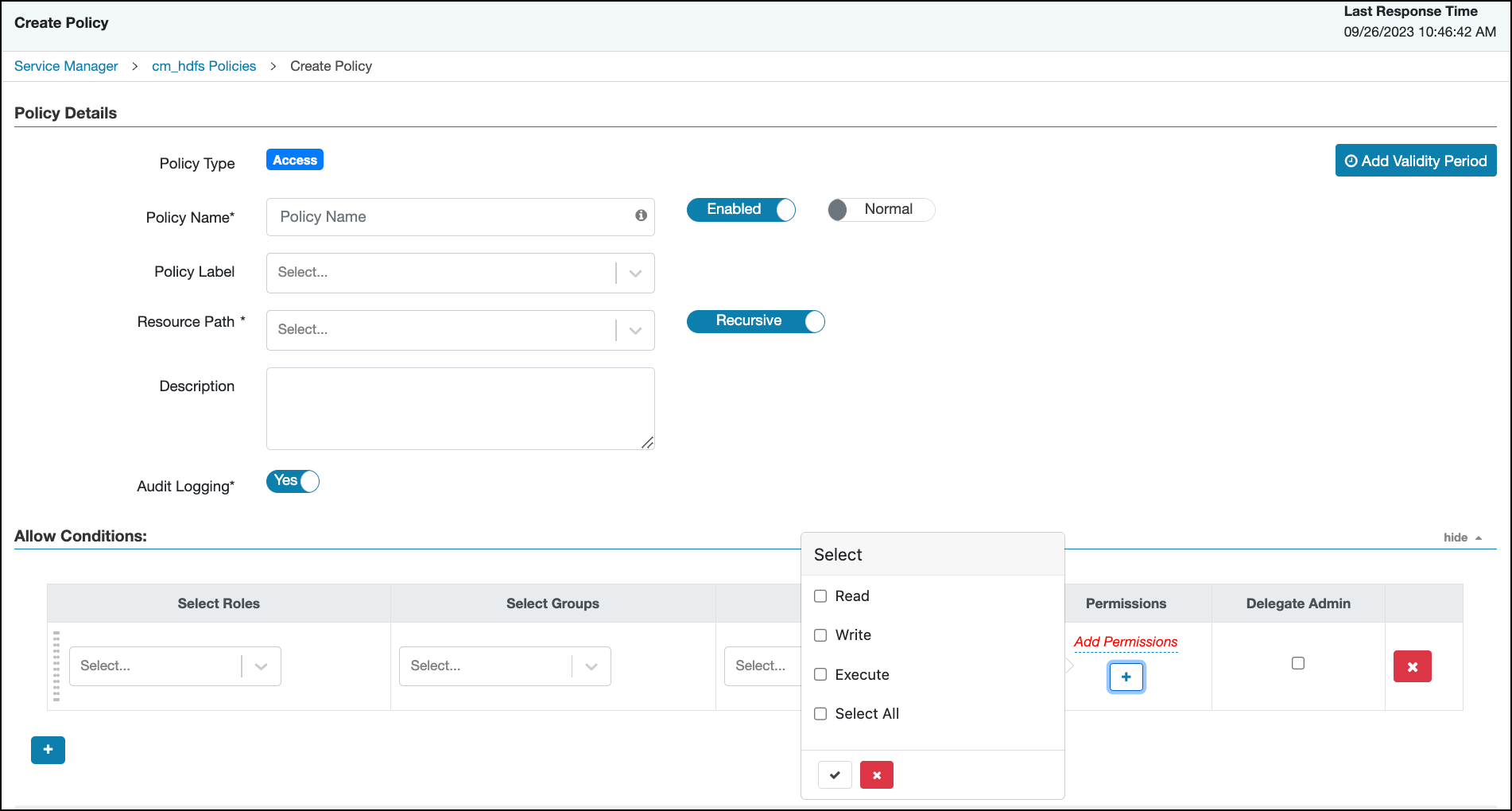 Ranger > Create HDFS Policy page.