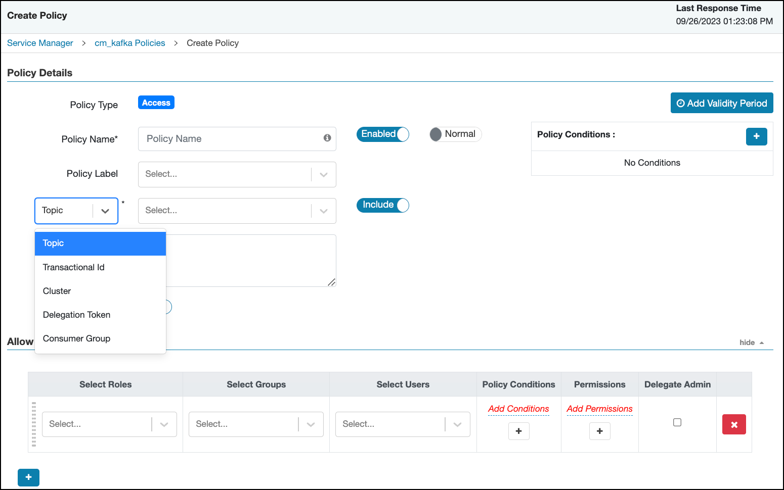 Ranger > Create Kafka Policy page.