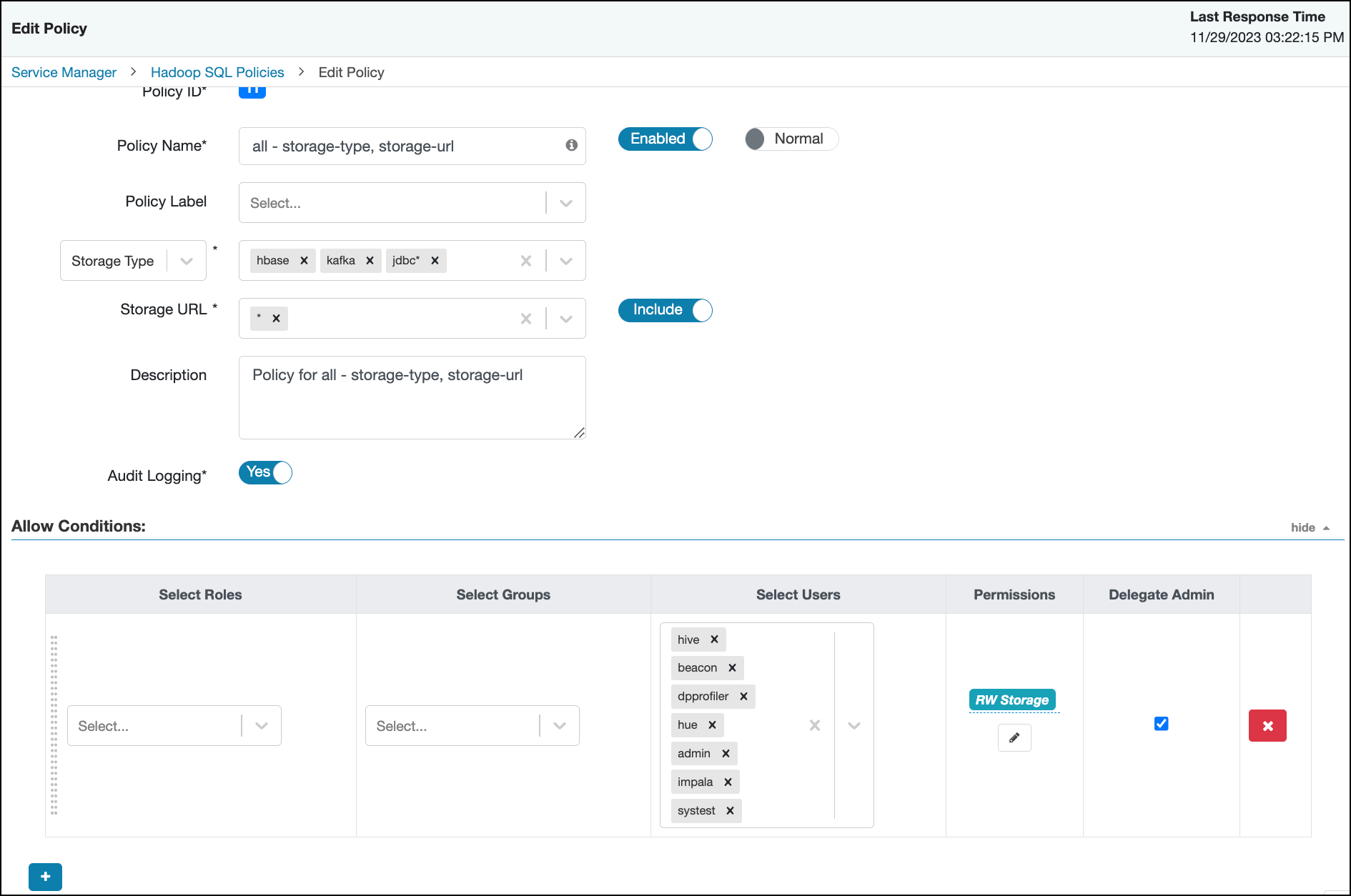 Ranger > Edit HadoopSQL Policy page.