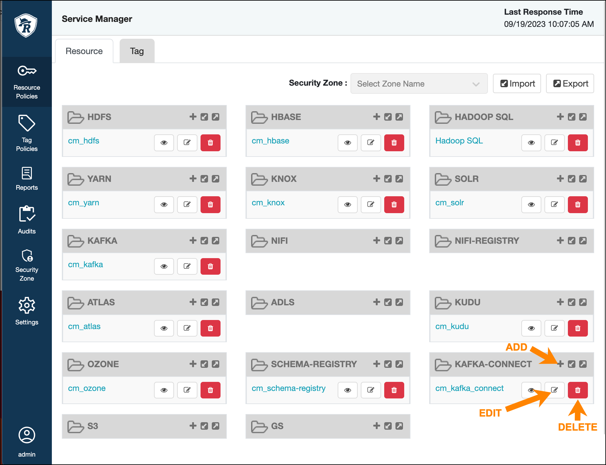 Shows Ranger > Service Manager, Add Service, Delete Service, and Edit Service icons labelled.