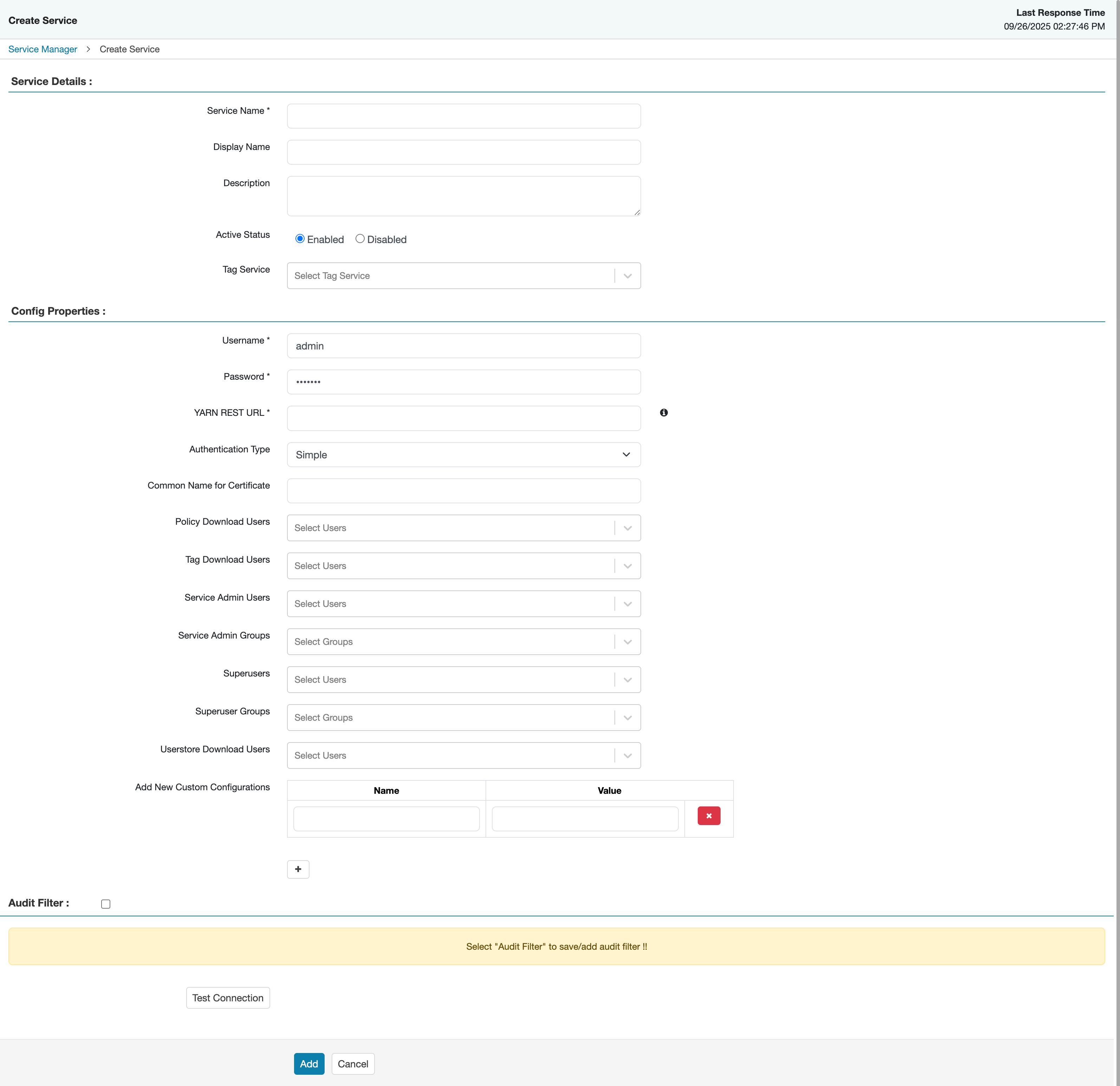 Ranger > Create Service page.